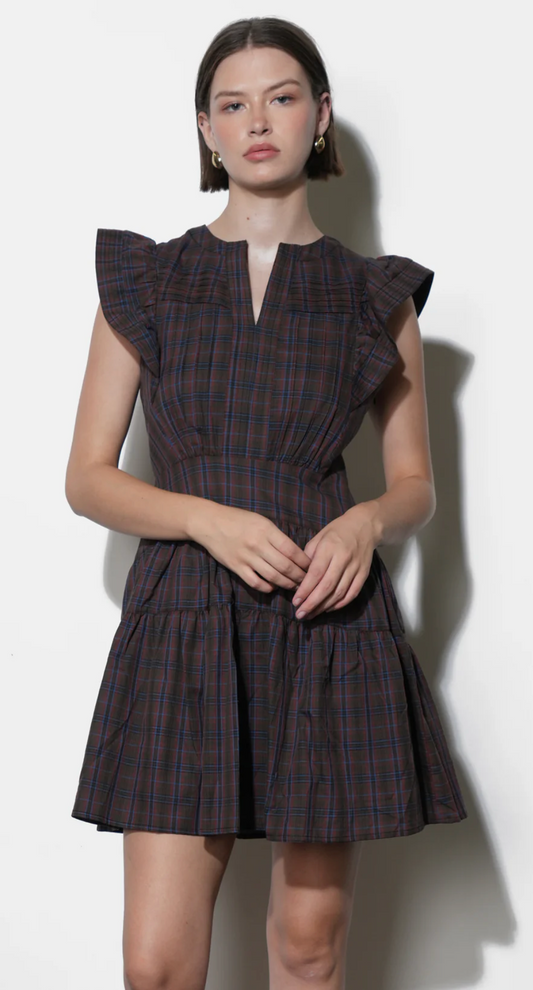 Marlo Plaid Ruffle Sleeve Mini Dress