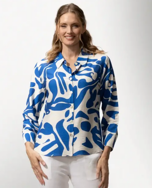 Blue Abstract Print Button Front Shirt