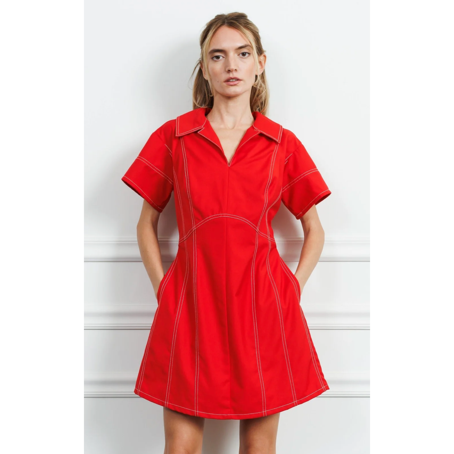 Cerena Topstitched Paneled Mini Shirtdress