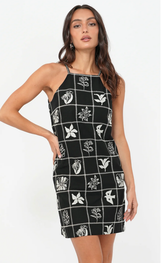 Emeri Grid Embroidered Mini Dress