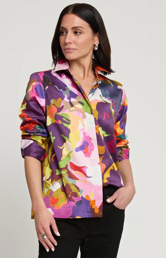 Xena Long Sleeve Satin Mosaic Flower Print Shirt
