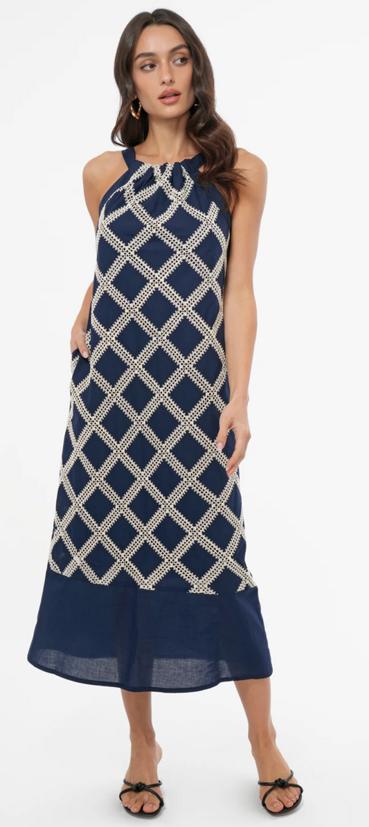 Grid Crochet Work Midi Dress
