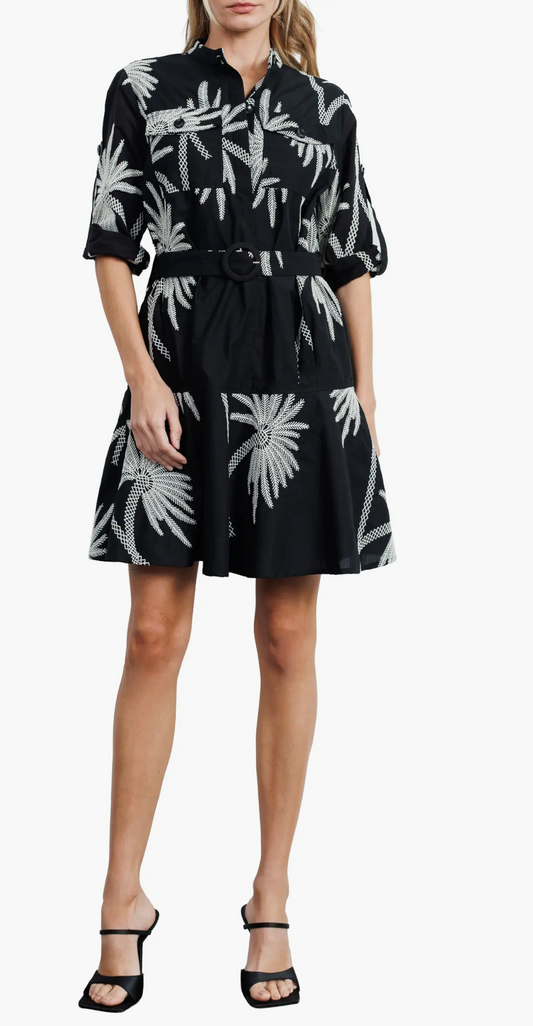 Embroidered Long Sleeve Belted Cotton Shirtdress