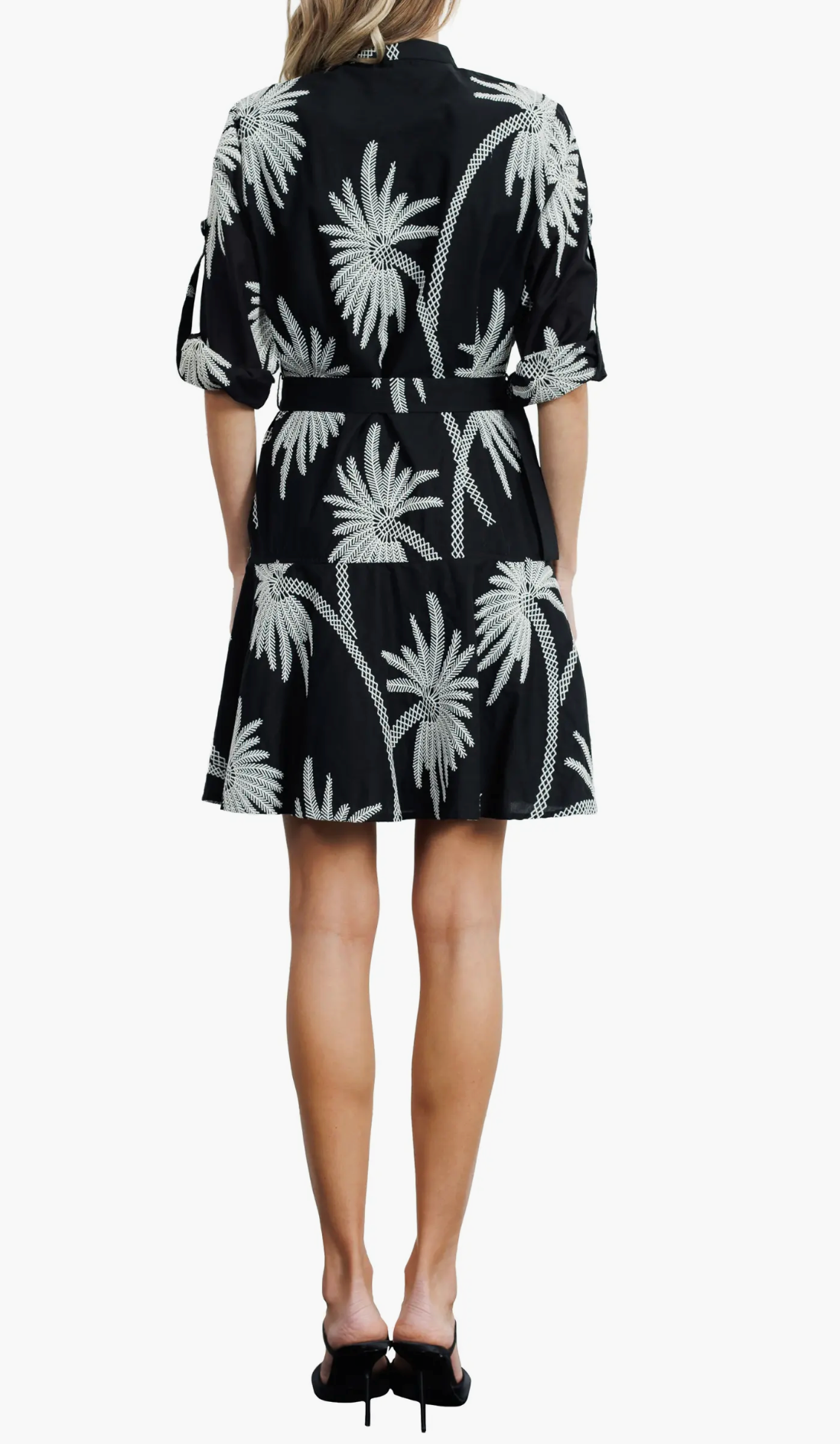 Embroidered Long Sleeve Belted Cotton Shirtdress