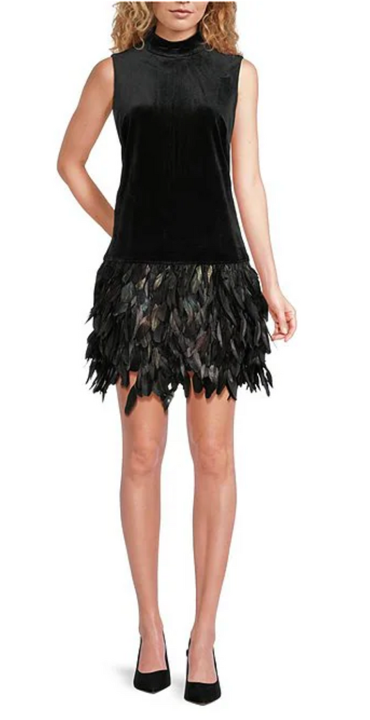 Collette Mock Neck Sleeveless Feather Hem Dress