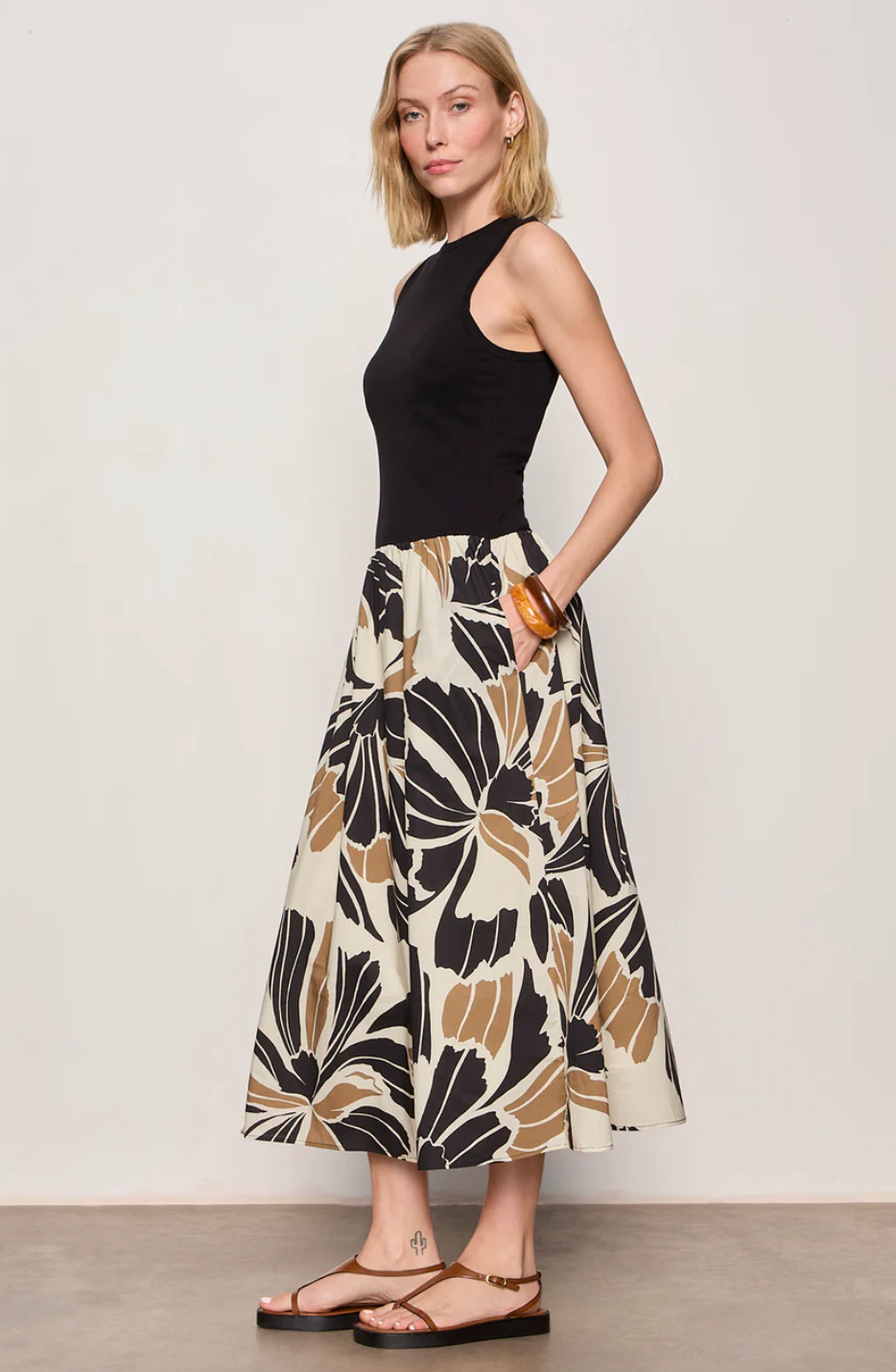 Sandbar Mix Media Midi Dress in Lotus with Black