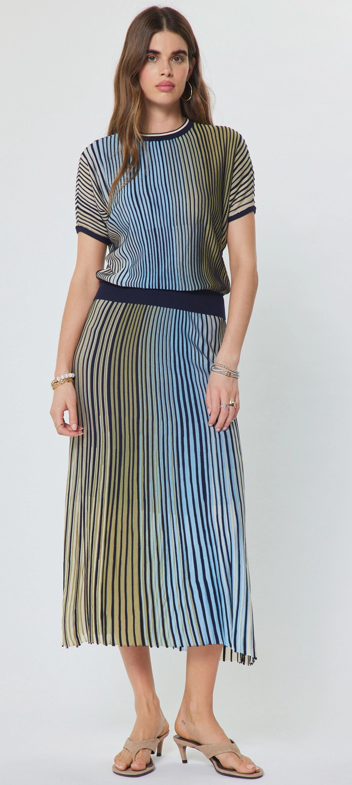Striped Midi Sweater Skirt in Green Blue Multi