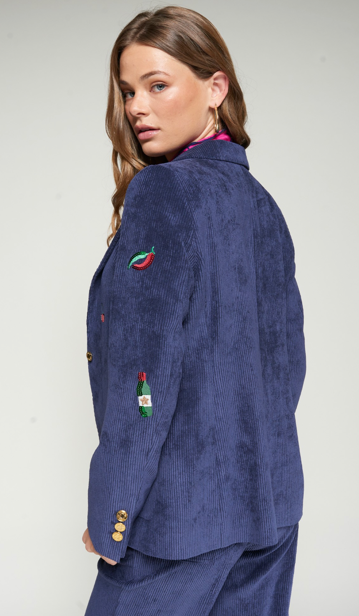 Navy Corduroy Embroidery Blazer