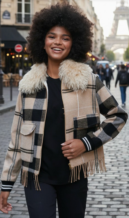 Checked Wool Bomber With Fringes