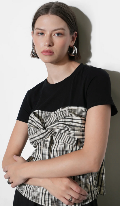 Nadia Knit Combo Twist Front Top in Black and Ivory