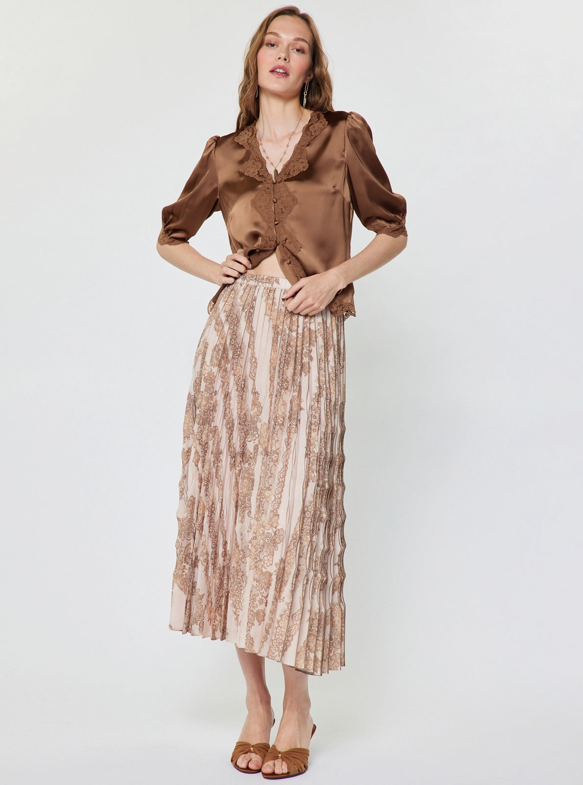 Pleated Midi Skirt in Blush Pink Multi