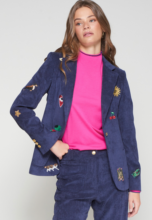 Navy Corduroy Embroidery Blazer