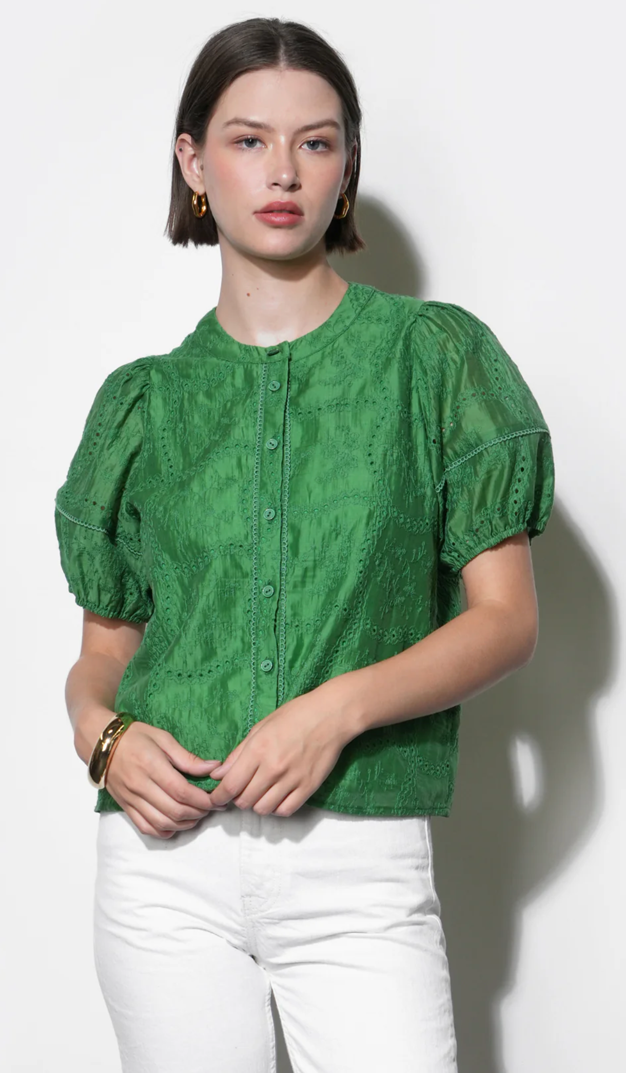 Sadie Puff Sleeve Embroidered Blouse in Retro Green