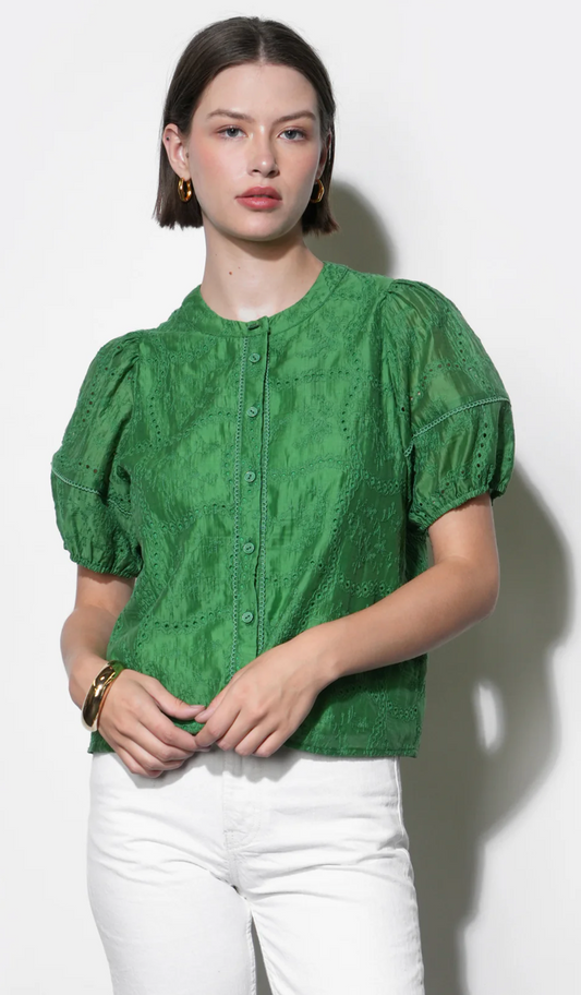 Sadie Puff Sleeve Embroidered Blouse in Retro Green