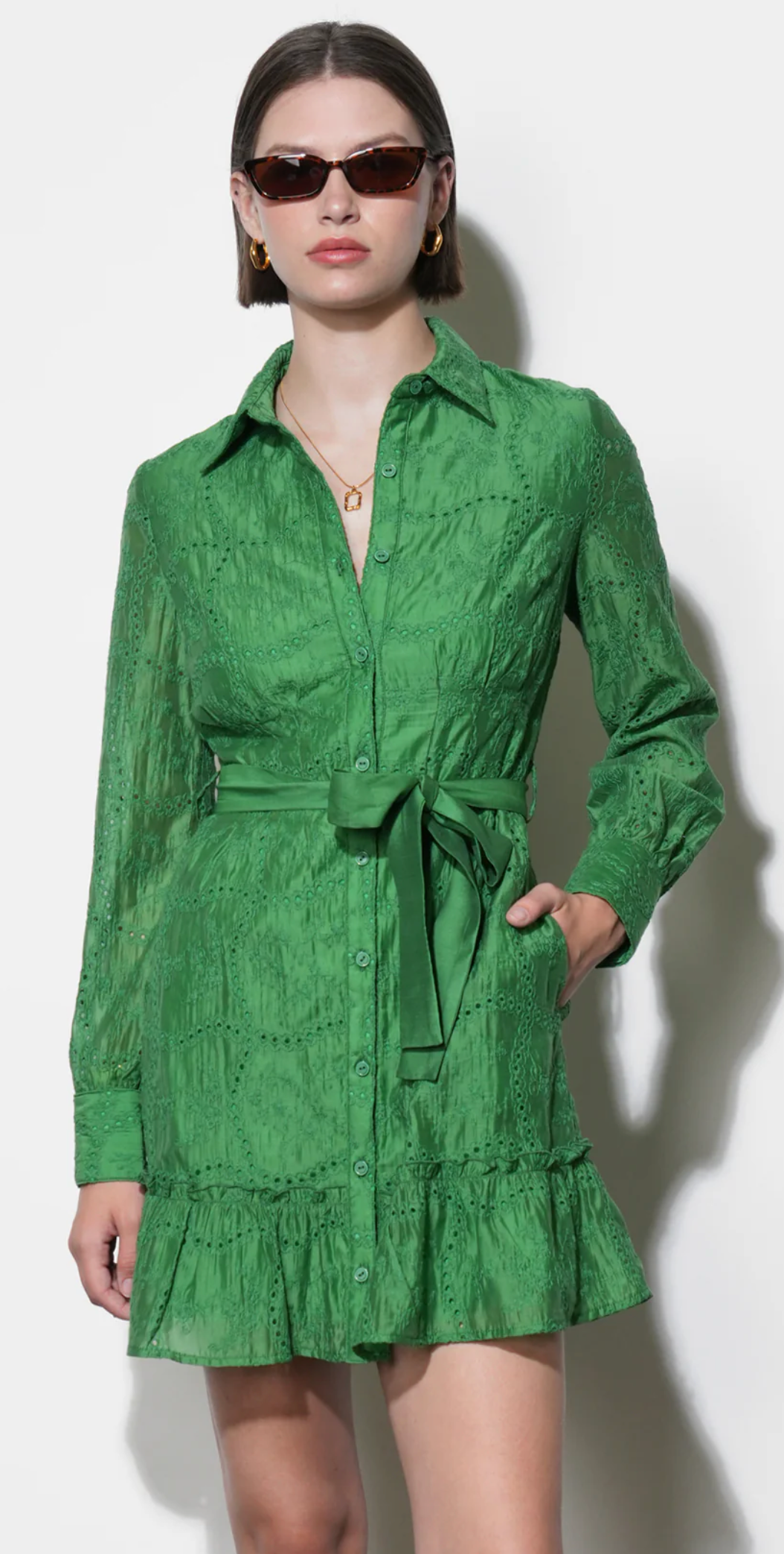 Tabitha Embroidered Cinched Waist Mini Dress in Retro Green