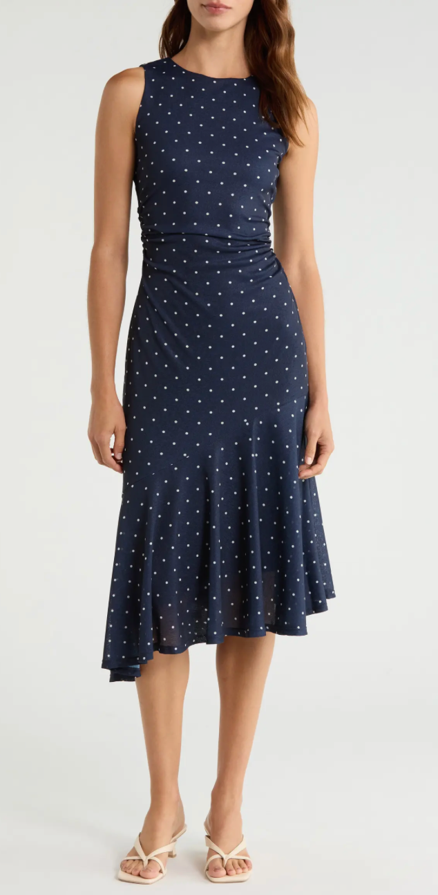 Daija Polka Dot Sleeveless Asymmetric Midi Dress