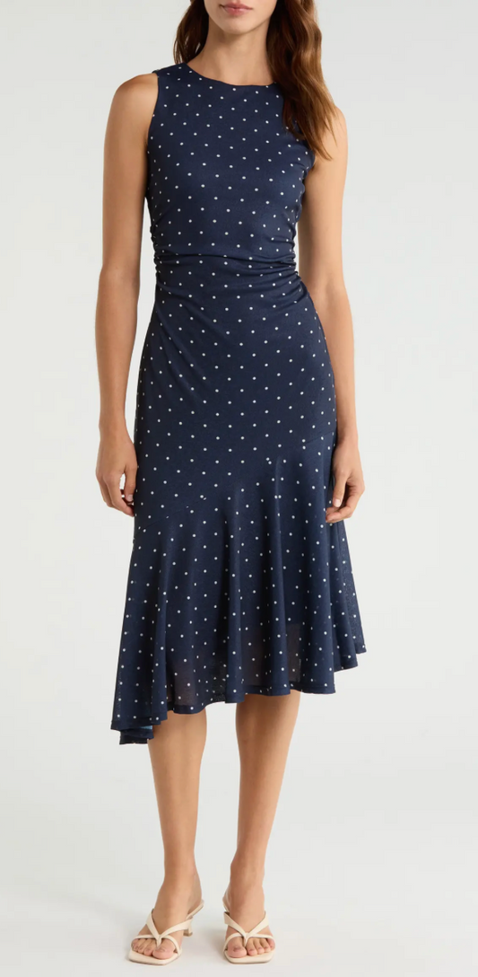 Daija Polka Dot Sleeveless Asymmetric Midi Dress
