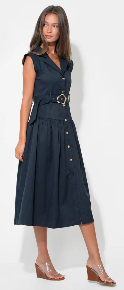 Olivia Button Up Belted Shirt Midi Dress in Dark Navy