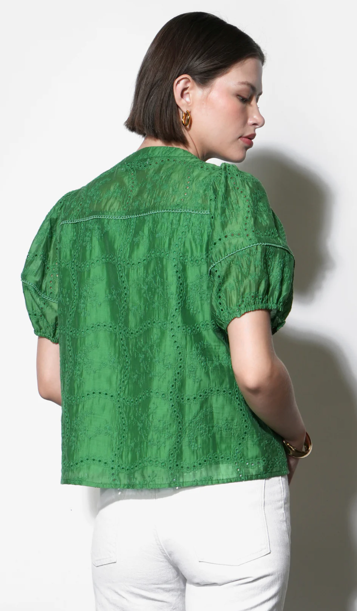 Sadie Puff Sleeve Embroidered Blouse in Retro Green