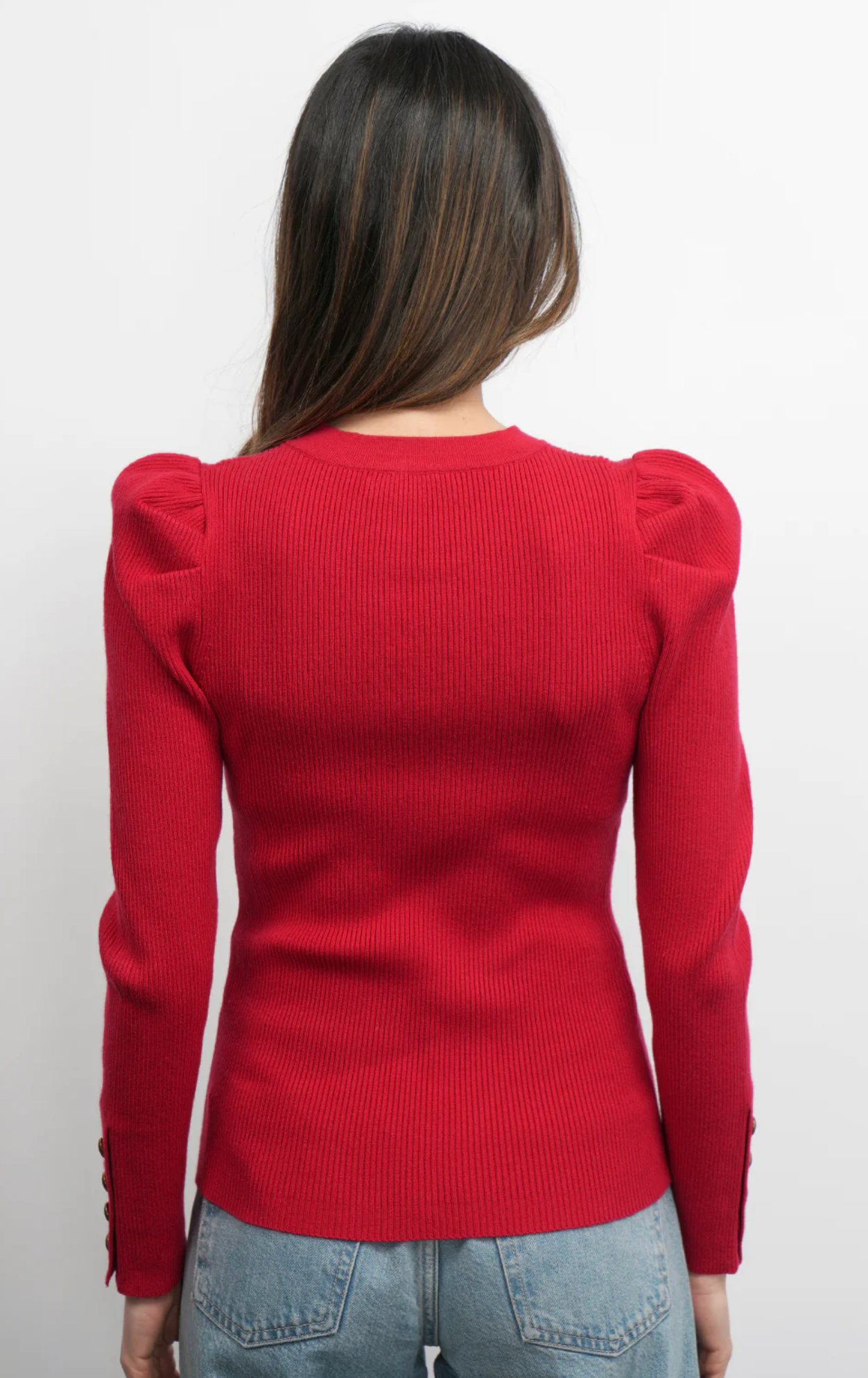 Dani Button Puff Sleeve Ribbed Knit Top