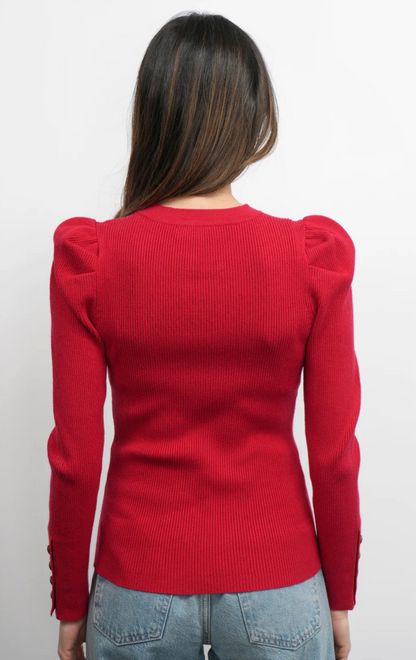 Dani Button Puff Sleeve Ribbed Knit Top