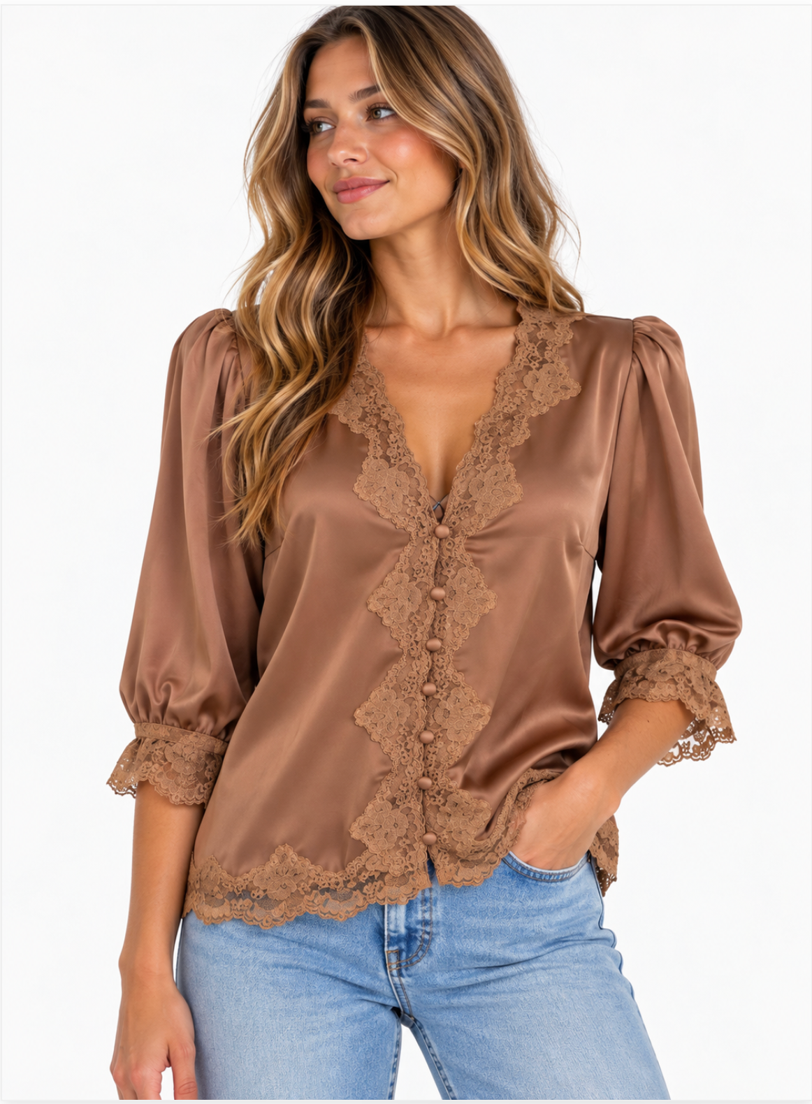 Current Air Lace Satin Button Up Blouse