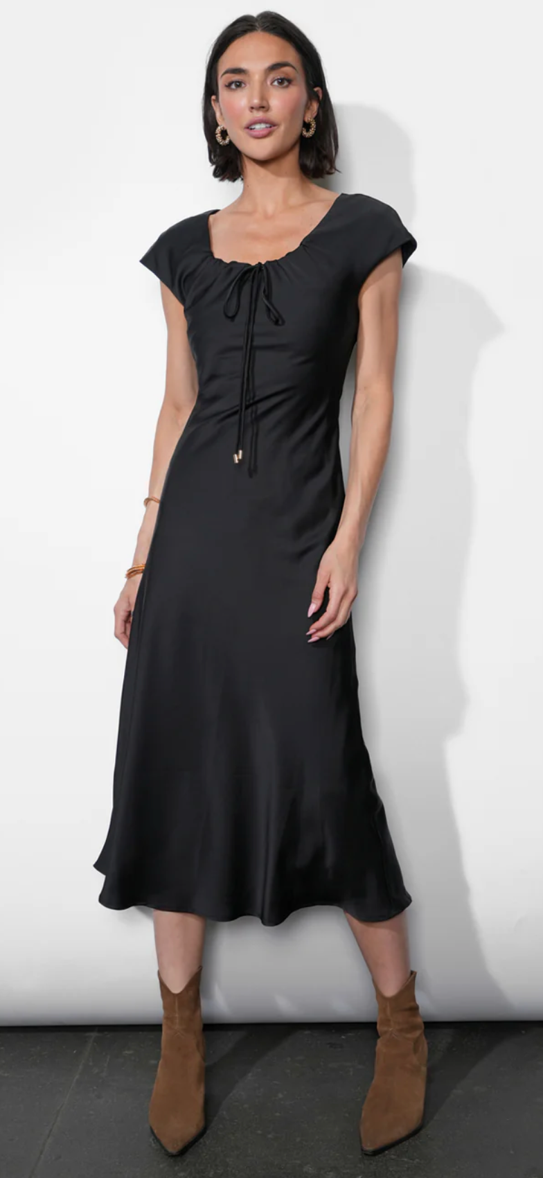 Inez Neck Drawstring Satin Midi Dress