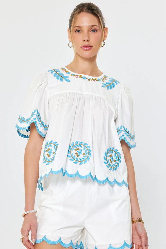 Embroidered Scalloped Hem Blouse in White Multi