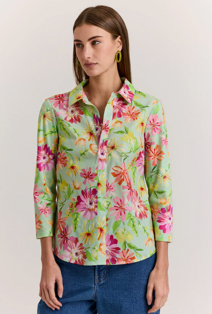 Lizette 3/4 Sleeve Green Floral Print Top