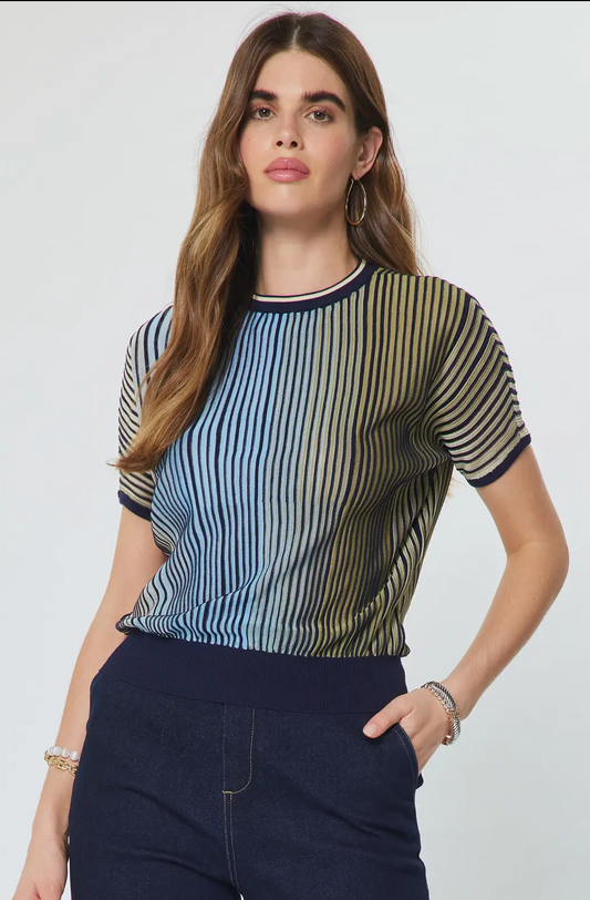 Striped Dolman Sleeve Short Sleeve Sweater in Green Blue Multi