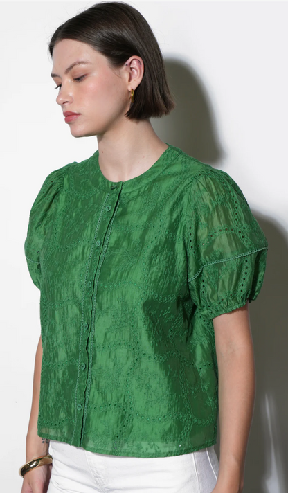 Sadie Puff Sleeve Embroidered Blouse in Retro Green