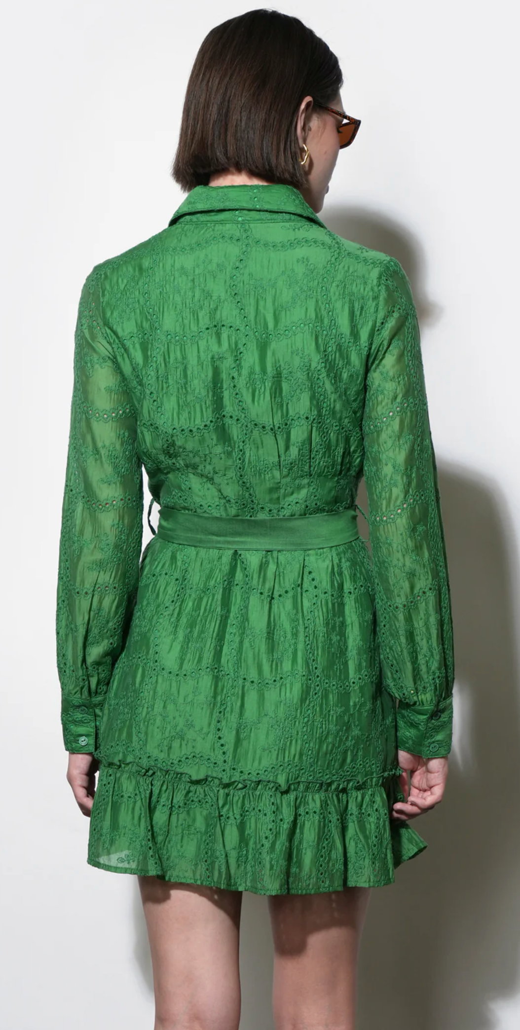 Tabitha Embroidered Cinched Waist Mini Dress in Retro Green