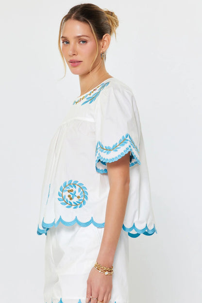 Embroidered Scalloped Hem Blouse in White Multi