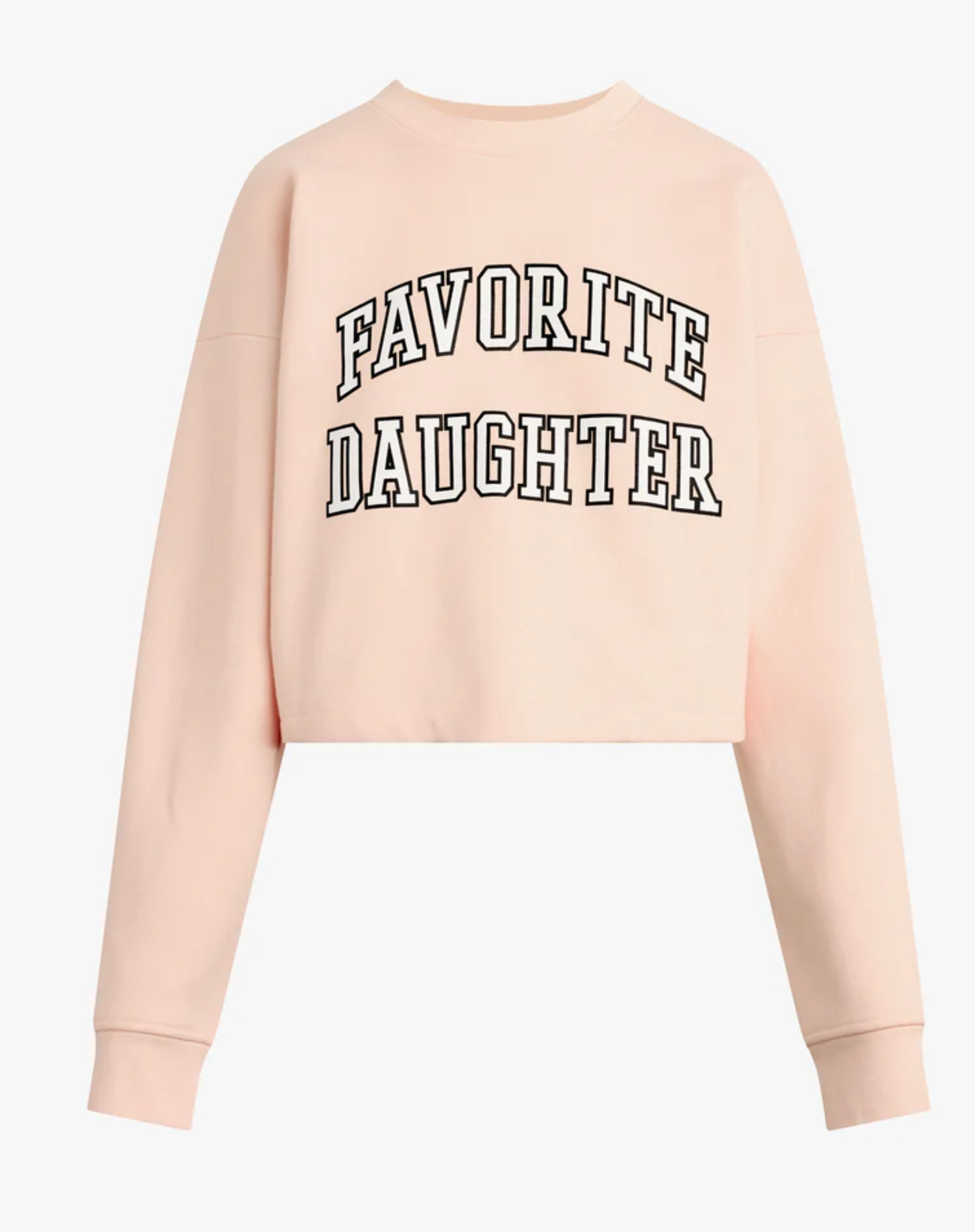 Beige sweatshirt with 'Favorite Daughter' text on a light gray background