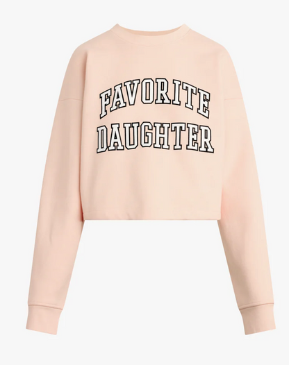 Beige sweatshirt with 'Favorite Daughter' text on a light gray background