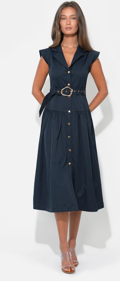 Olivia Button Up Belted Shirt Midi Dress in Dark Navy