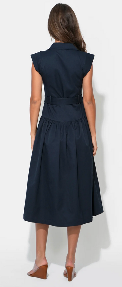 Olivia Button Up Belted Shirt Midi Dress in Dark Navy