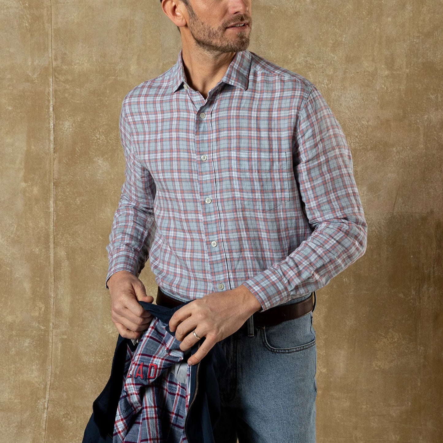 Linen Poplin Plaid Shirt in Sky Blue