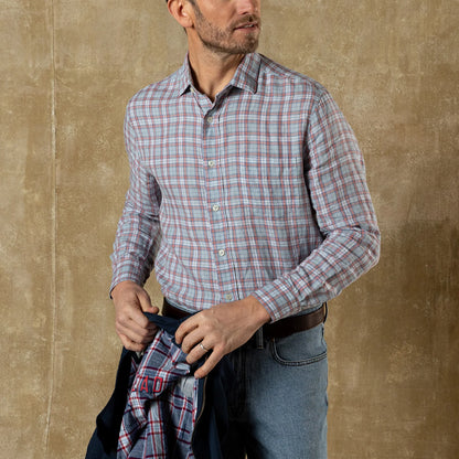 Linen Poplin Plaid Shirt in Sky Blue