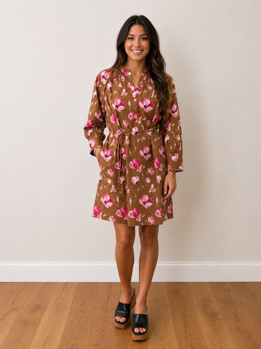 Shirred Neck Placket Dress in Pink Poppy Print