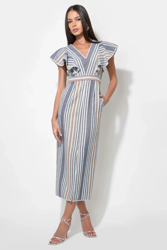 Etta Stripe Flutter Sleeve Maxi Dress