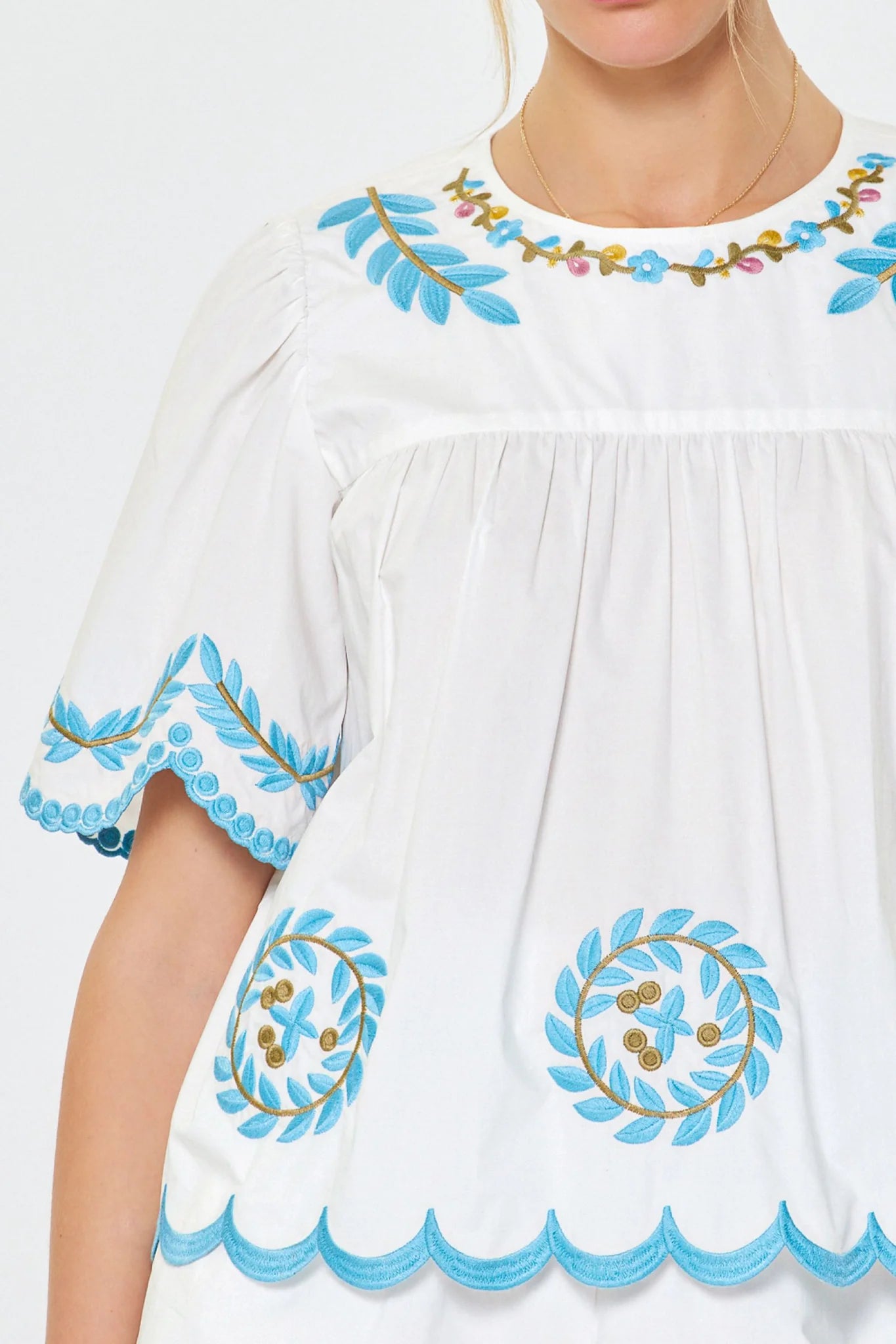 Embroidered Scalloped Hem Blouse in White Multi