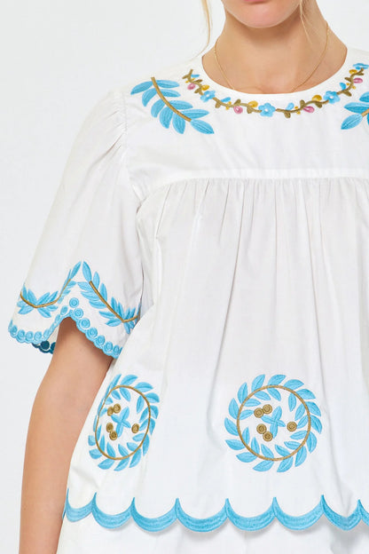Embroidered Scalloped Hem Blouse in White Multi