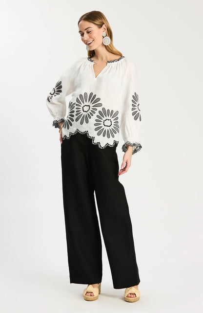 Kelsey Linen Embroidered Top in Black and White