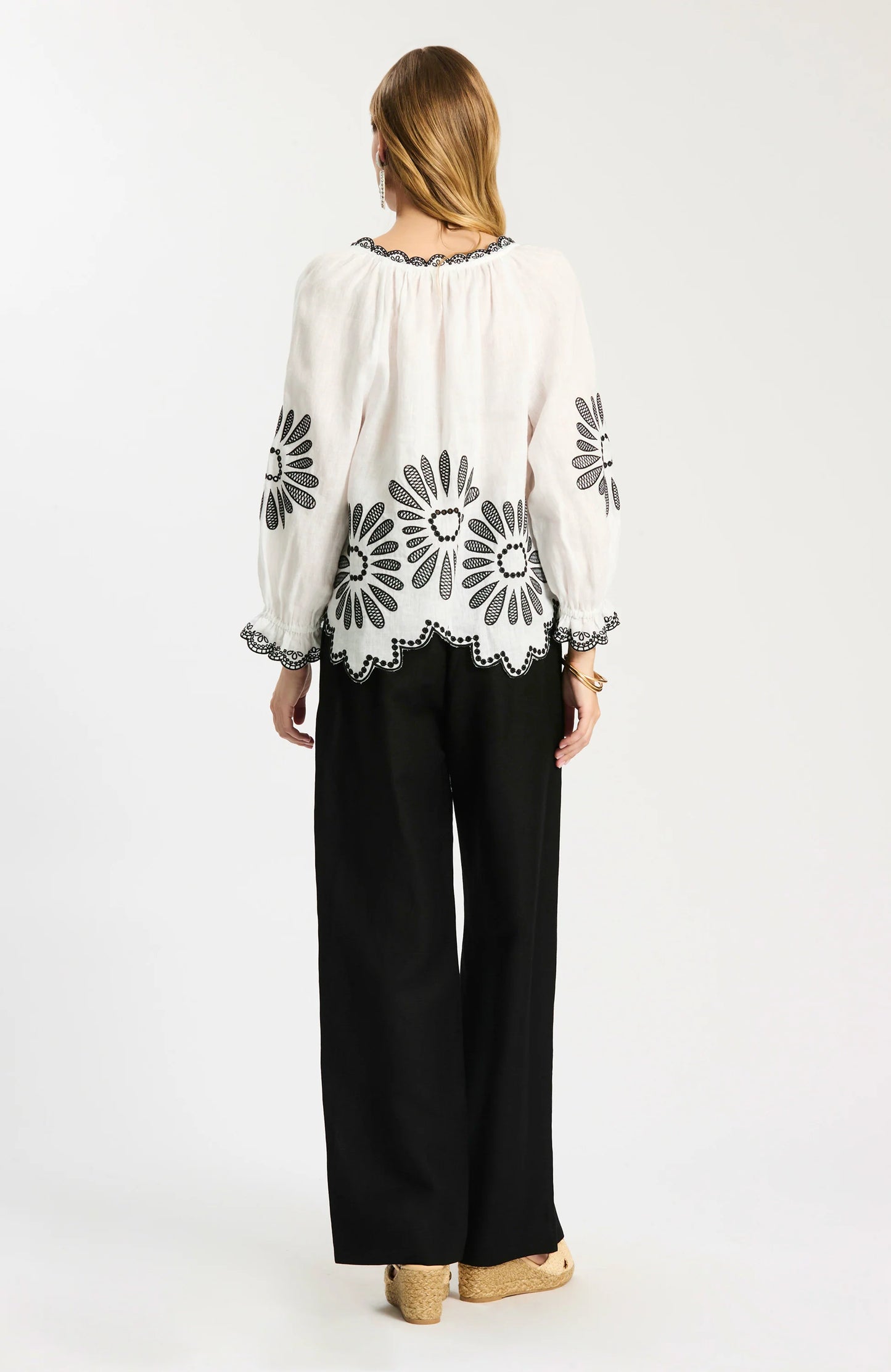 Kelsey Linen Embroidered Top in Black and White