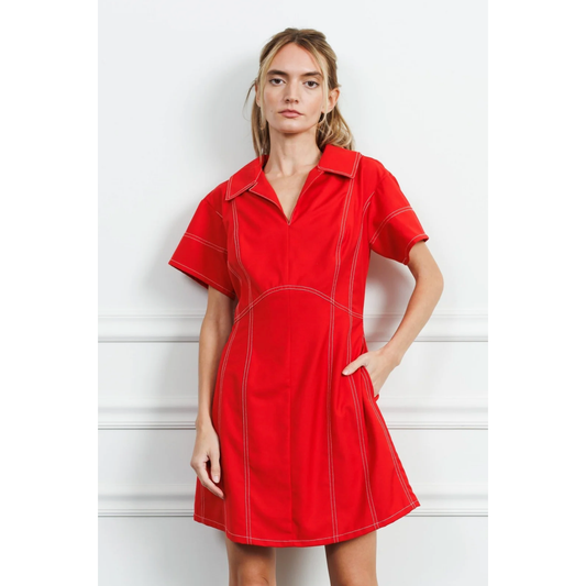 Cerena Topstitched Paneled Mini Shirtdress
