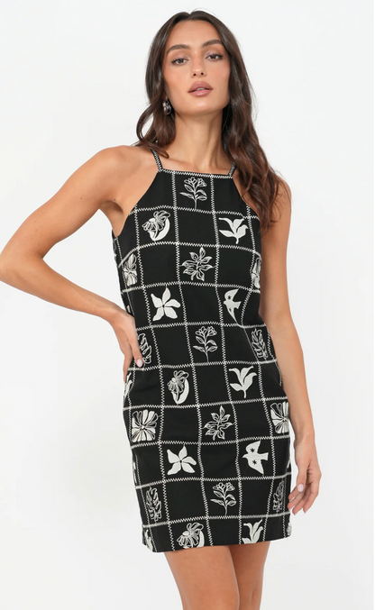 Emeri Grid Embroidered Mini Dress