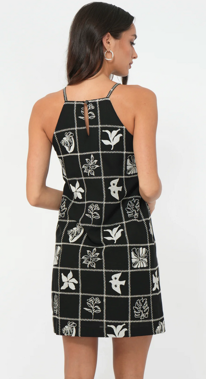Emeri Grid Embroidered Mini Dress