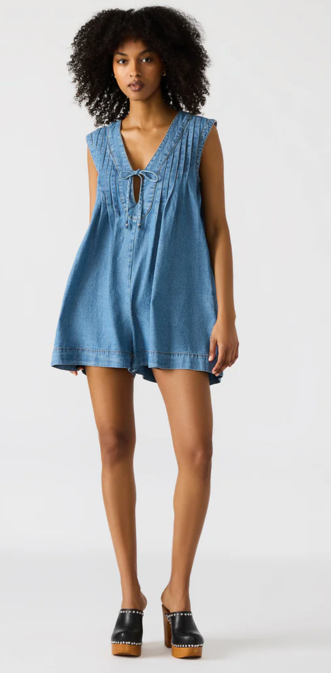 Mick Denim Pull-On Tie-Front Romper