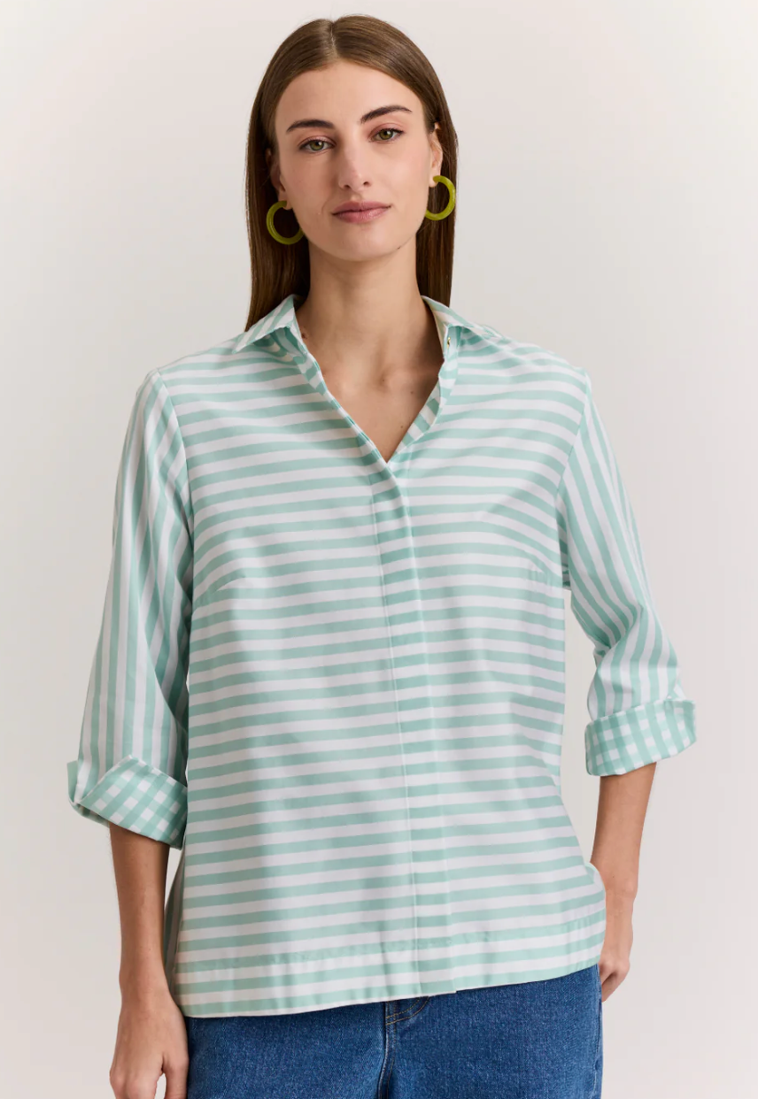 Xena 3/4 Sleeve Stripe/Gingham Combo Shirt in Sea Glass/White